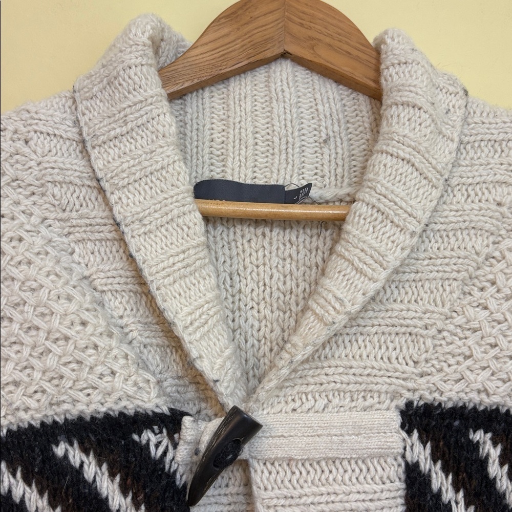 Vince | Cream Black Chunky Knit Shawl Fisherman Grandpa Wool Blend Cardigan L - Picture 9 of 17